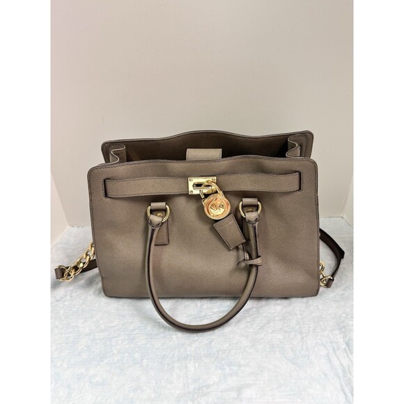 Michael Kors Hamilton Taupe Satchel Bag with Golden Chain Lock & Key - Picture 1 of 11